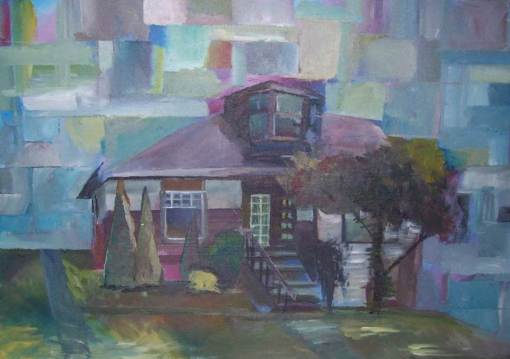 painting of a house cubism blue
