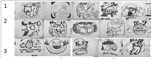 series of painted thumbnails of logo sketches for number 17 garlic habanero sauce series of painted thumbnails of logo sketches for number 17 garlic habanero sauce