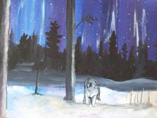 painting of a wolf in snow night sky
