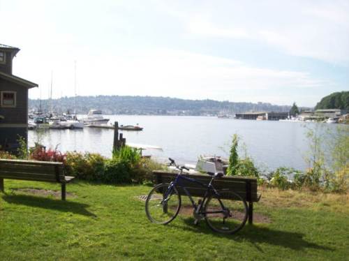 waterfront view seattle boats bike leaning on a bench