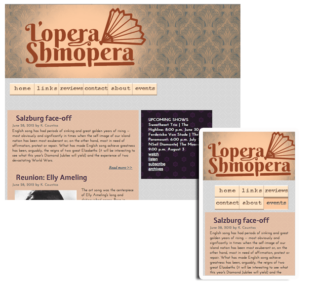 screen shot of lopera shmopera website phone view and desk top