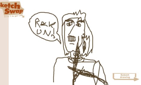 sketch swap man with a feather earring and a hitler mustache