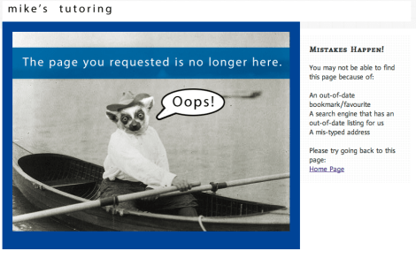 the 404 error page of mikes tutoring site lemur