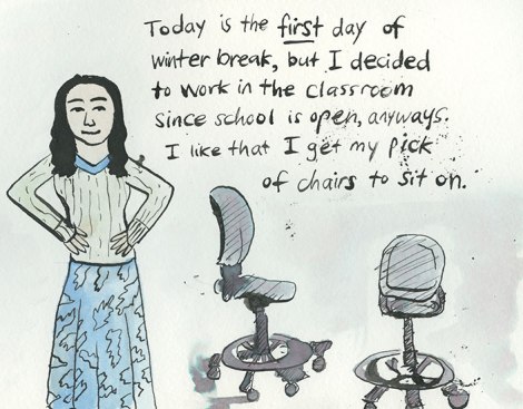 drawing of a girl and two chairs. Today is the first day of winter break but I decided to work in the classroom since school is open anyways. I like that I get my pick of chairs to sit on.