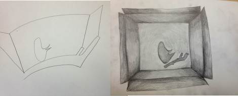 My drawing of a box containing a stick and stone